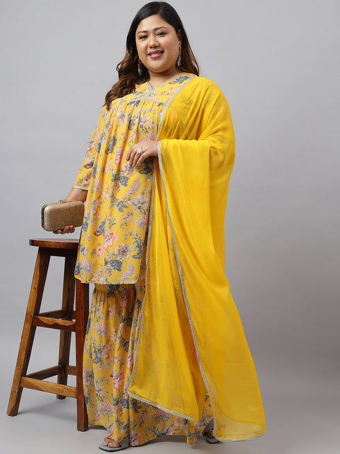 Plus Size Yellow Georgette Kurta With sharara and Dupatta